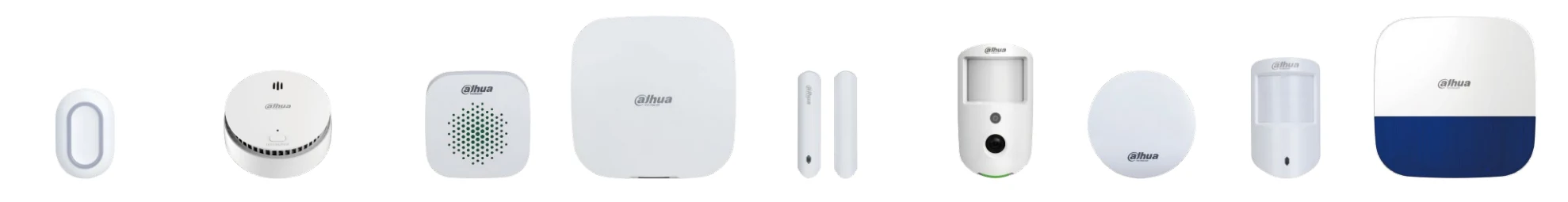 Dahua AirShield wireless alarm range: panic button, smoke detector, siren, hub, door contact, PIR camera, water leak detector, PIR and external siren